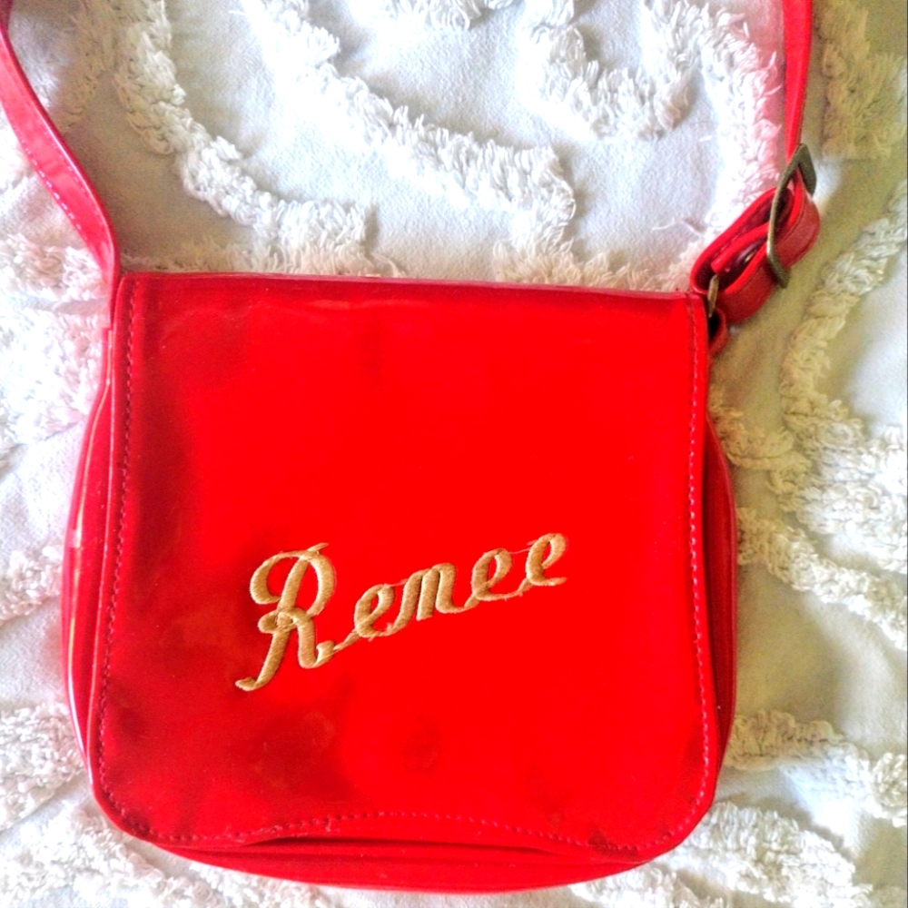 Vintage 70s Red Patent Leather Bag Personalized Renee Name Script Crossbody